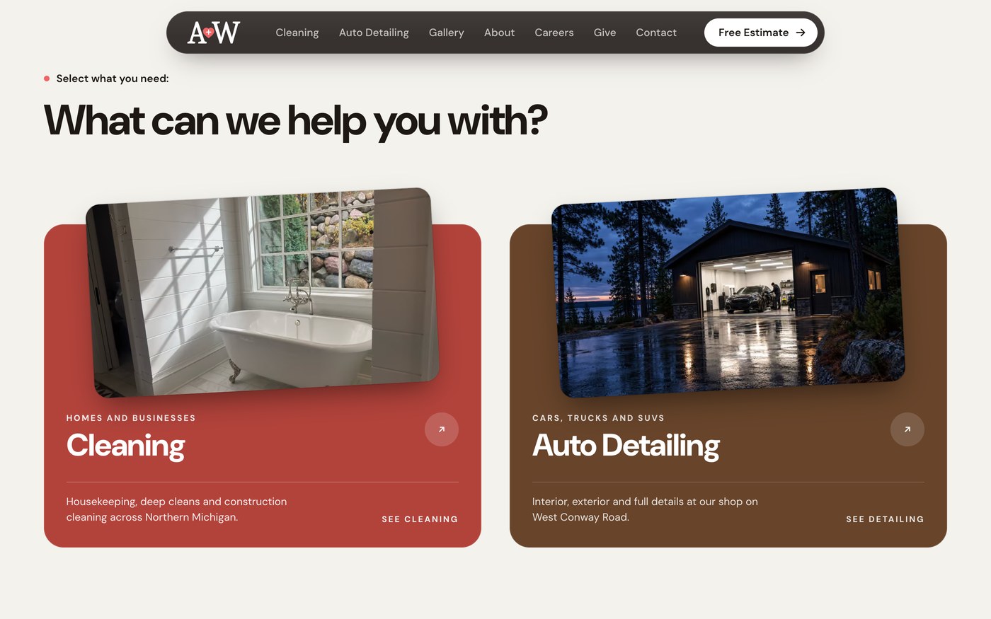 The homepage asks what you need, with one card for cleaning and one for auto detailing