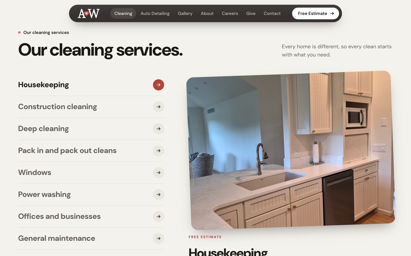 The cleaning page: every cleaning service in one list, with a photo and a short description of the one you pick