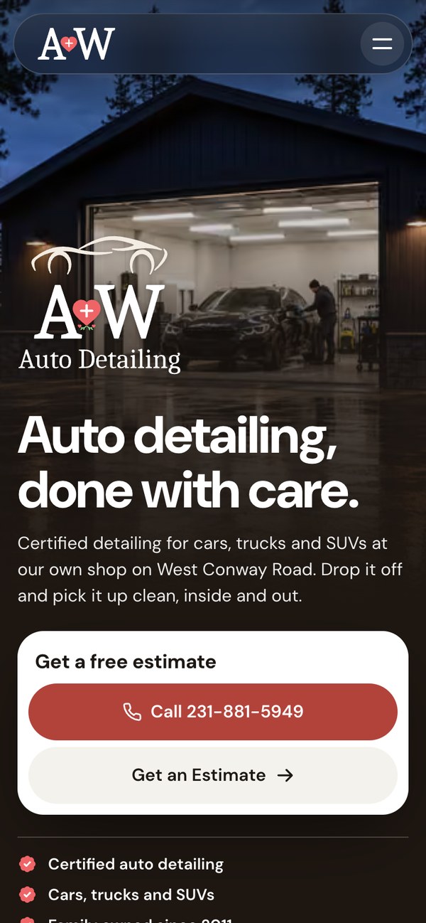 Auto detailing page on a phone