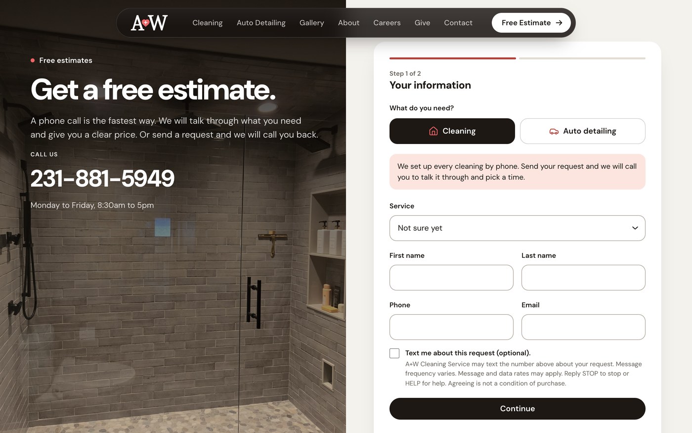 The estimate request: pick cleaning or auto detailing first, beside the phone number