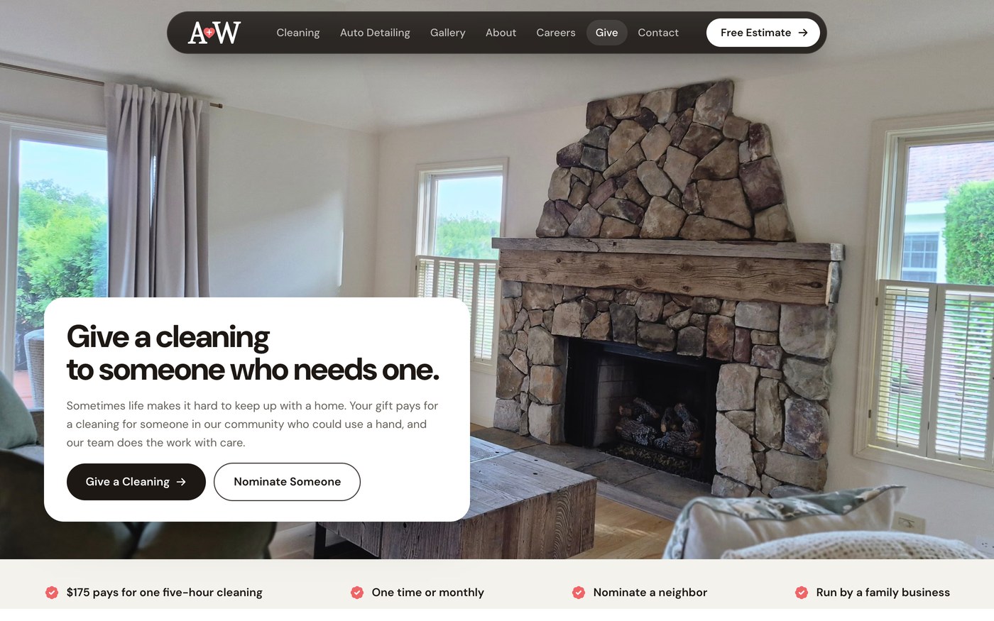 The Give page, where neighbors can give a cleaning or nominate someone who could use one