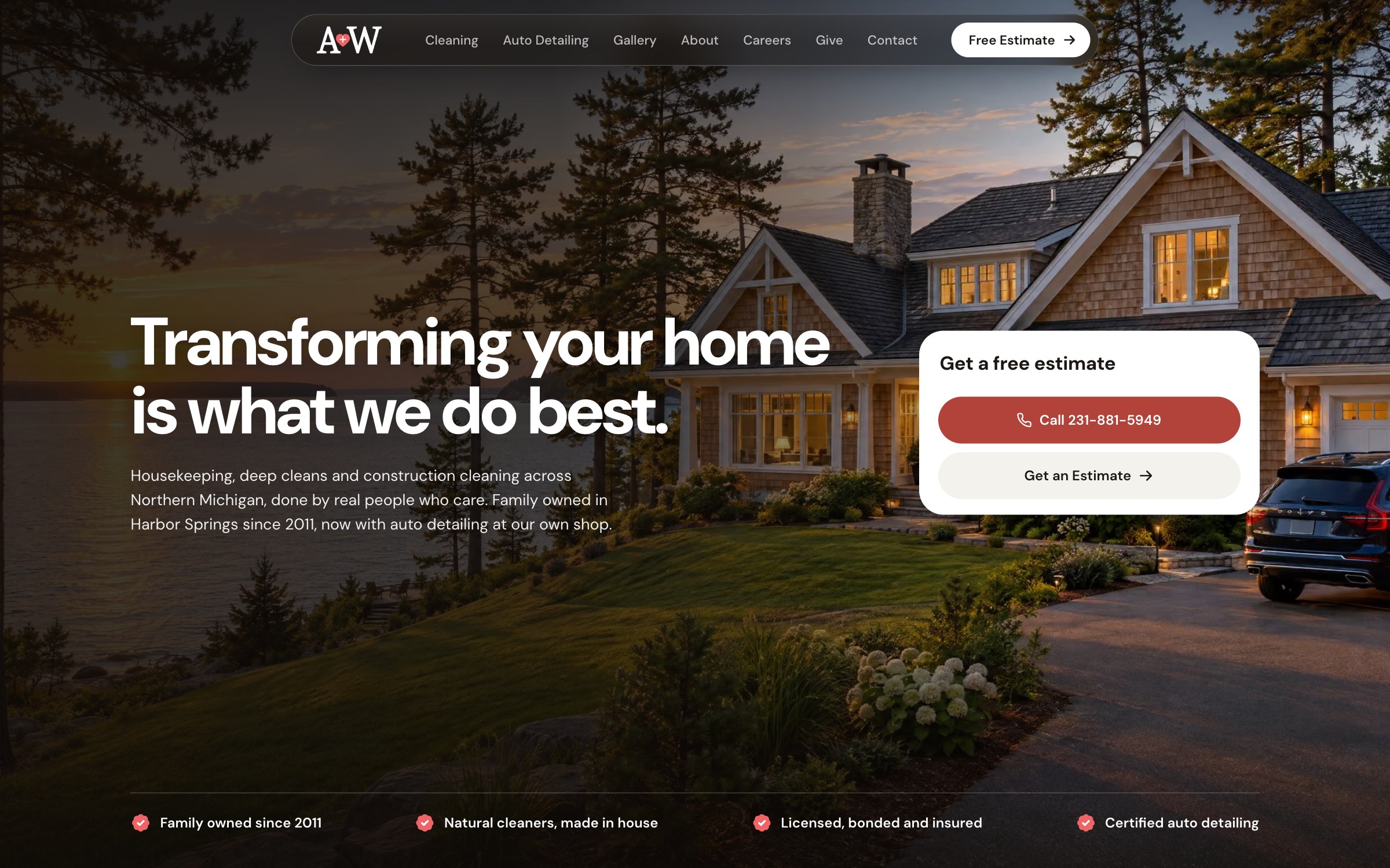 The A+W Cleaning Service homepage, with the free estimate card over a photo of a house lit up at dusk