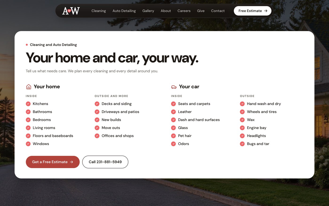 A checklist of what A+W takes care of in a home and on a car, inside and out