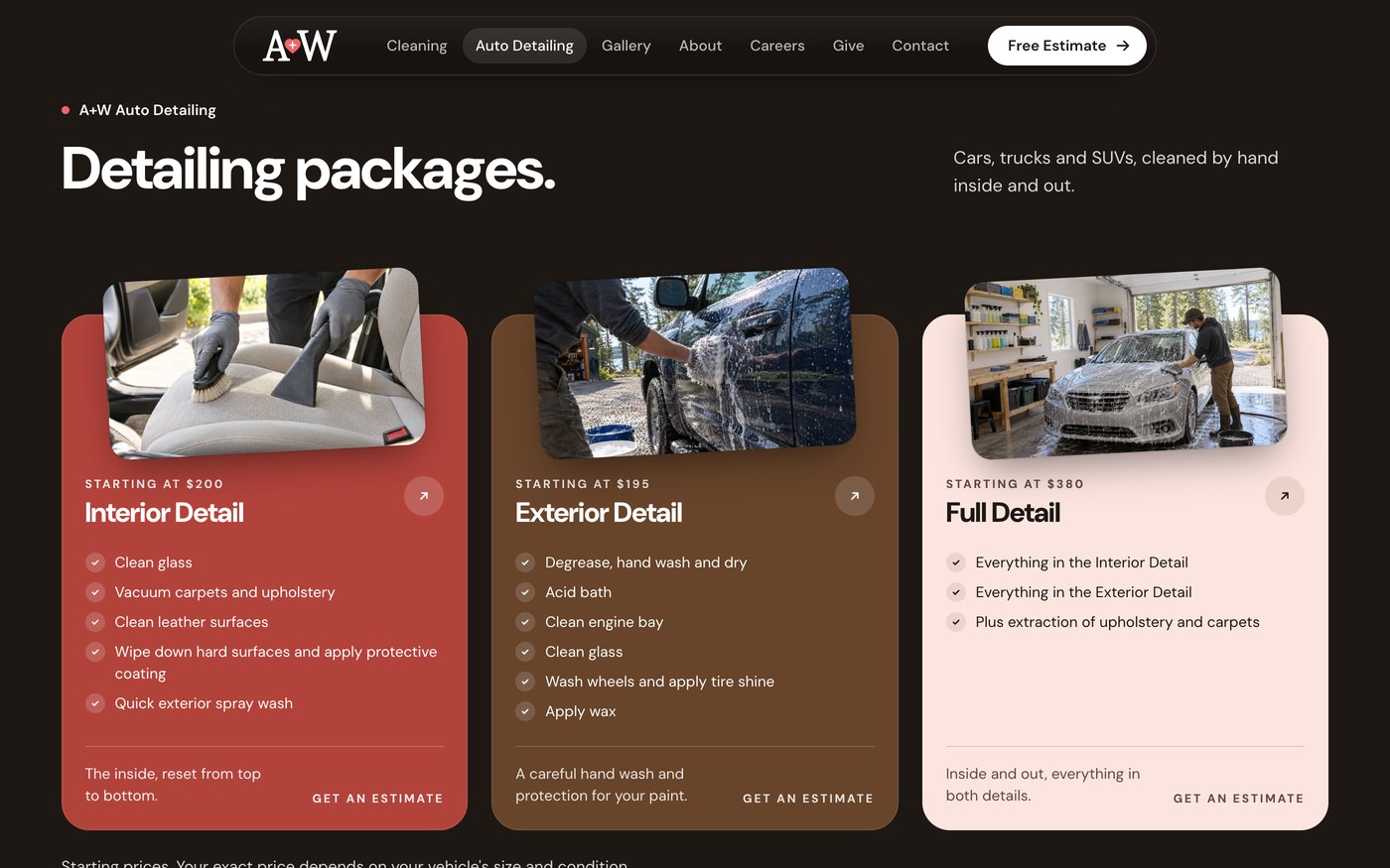 The auto detailing page: three packages side by side, each with what it includes