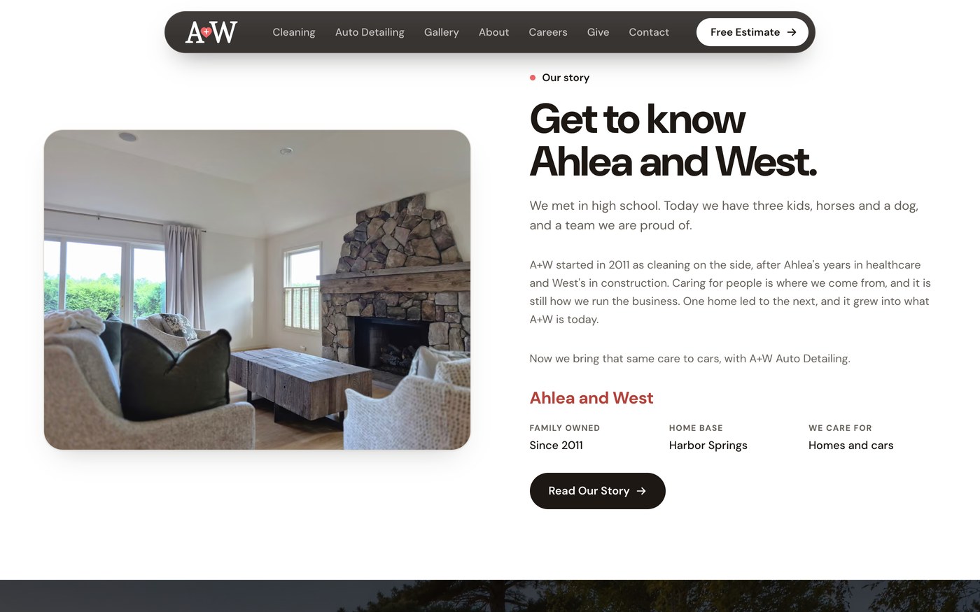 The owners&rsquo; story beside a photo of a living room with a stone fireplace