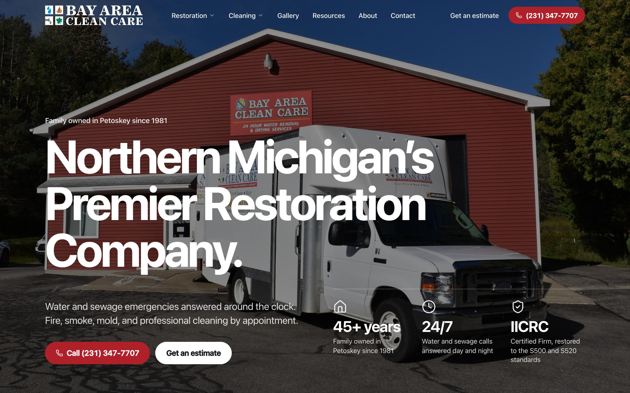 The Bay Area Clean Care homepage: Northern Michigan&rsquo;s Premier Restoration Company, over a photo of their truck at the Petoskey shop