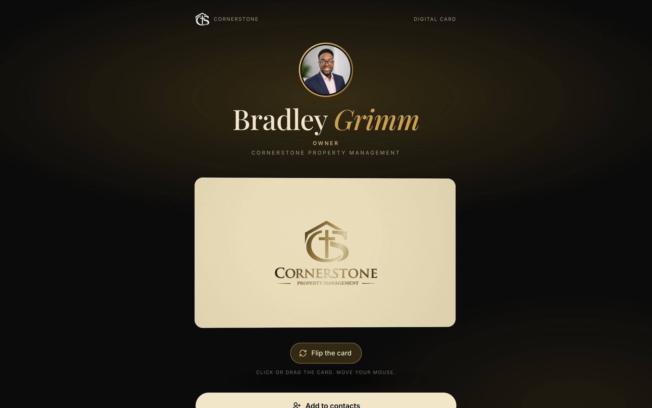 Bradley Grimm’s digital business card page with a flip card