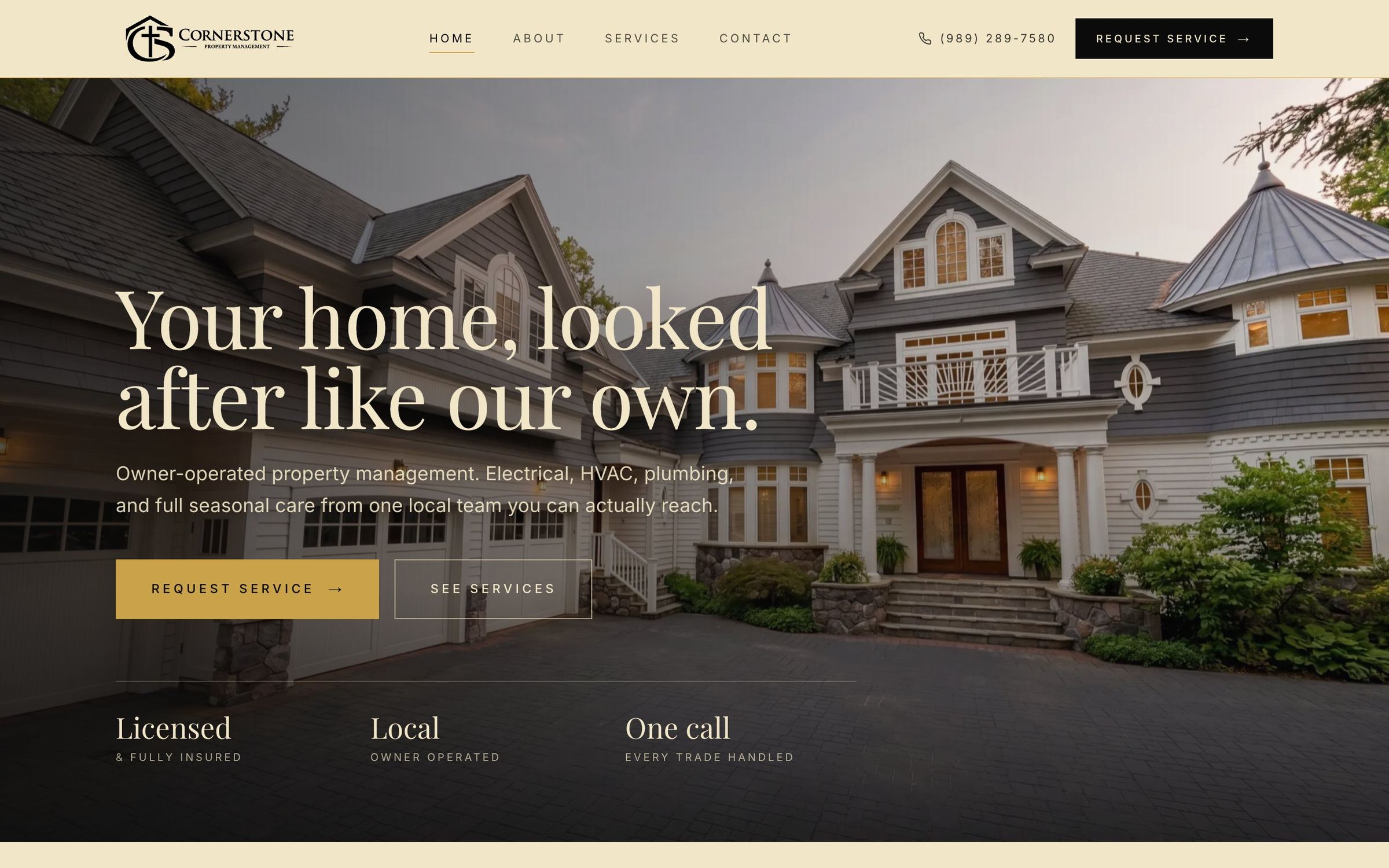 The Cornerstone homepage: Your home, looked after like our own, over a photo of a large house at dusk