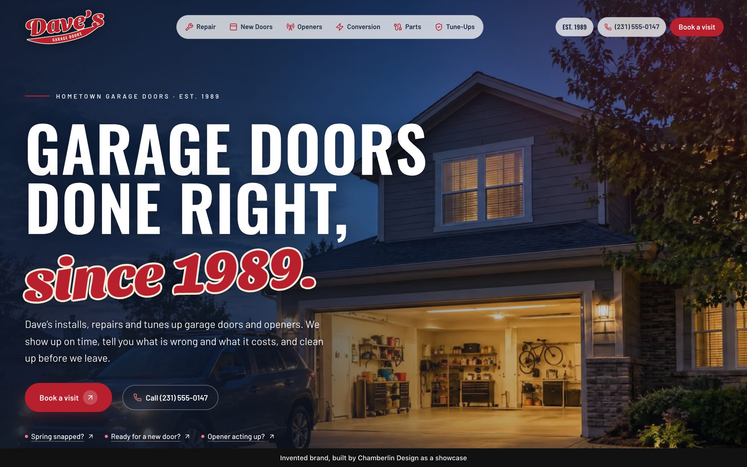 The Dave's Garage Doors homepage: Garage doors done right, since 1989, over a lit garage at dusk