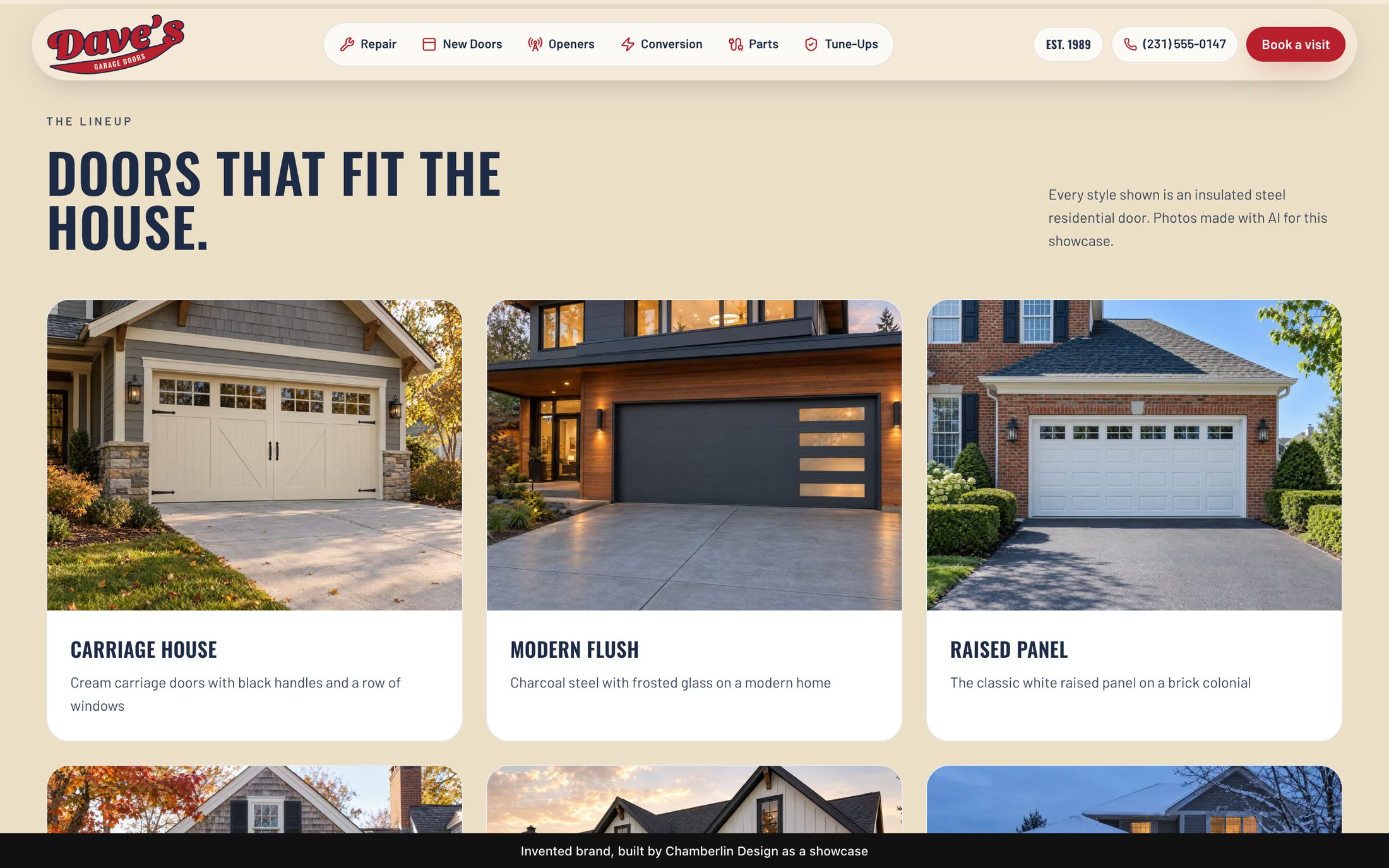 The door styles lineup: carriage house, modern flush and raised panel