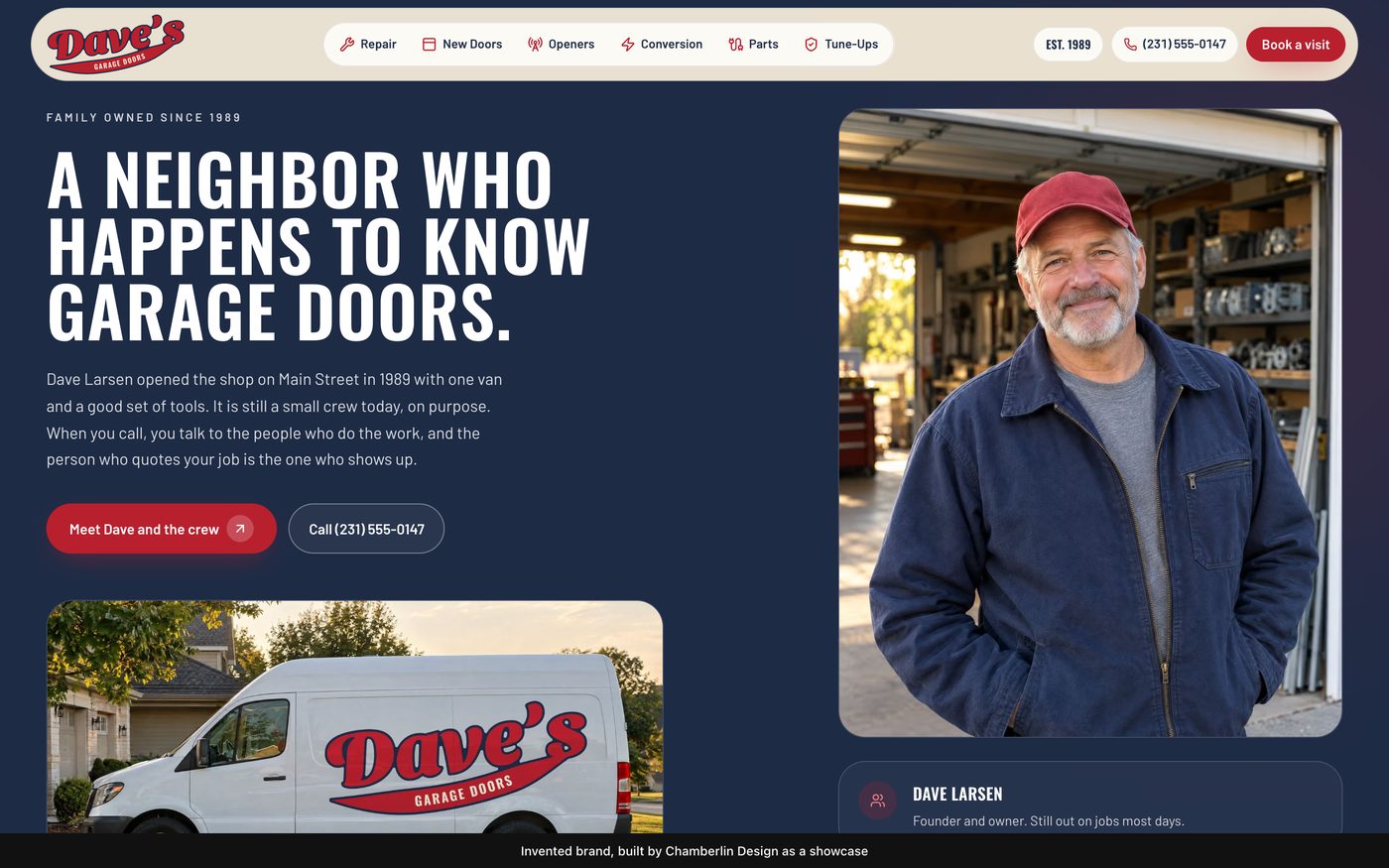 The owner portrait and the lettered van beside the line: A neighbor who happens to know garage doors
