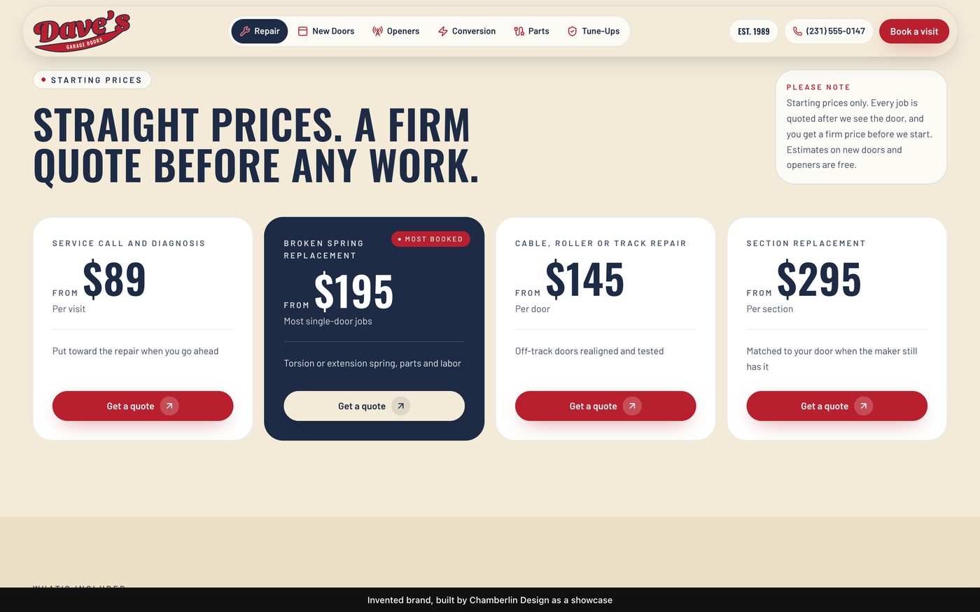 Four starting-price cards under the line: Straight prices. A firm quote before any work