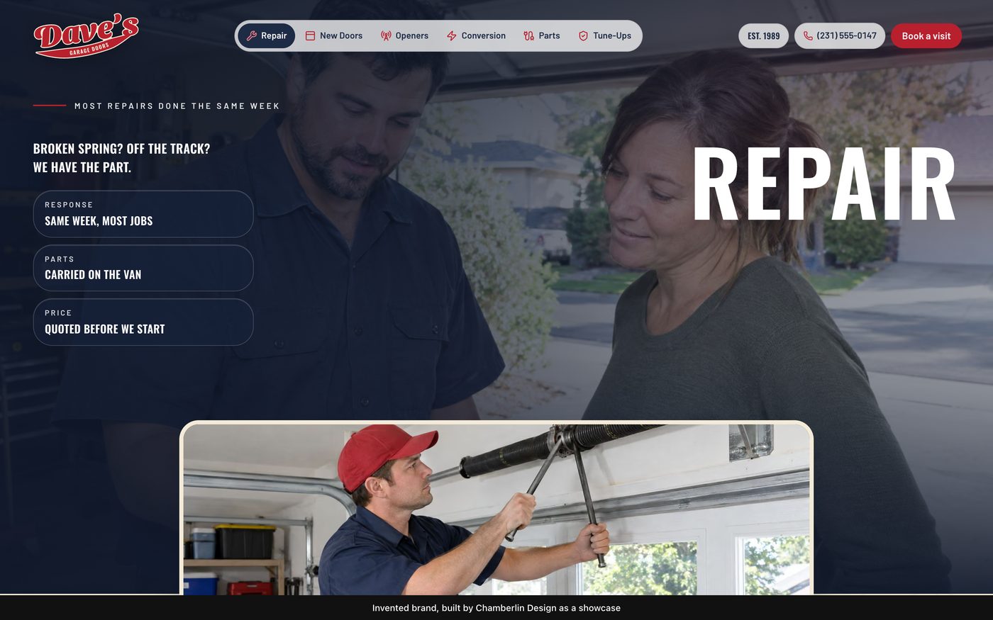 The repair page hero with spec chips above a photo of a spring repair