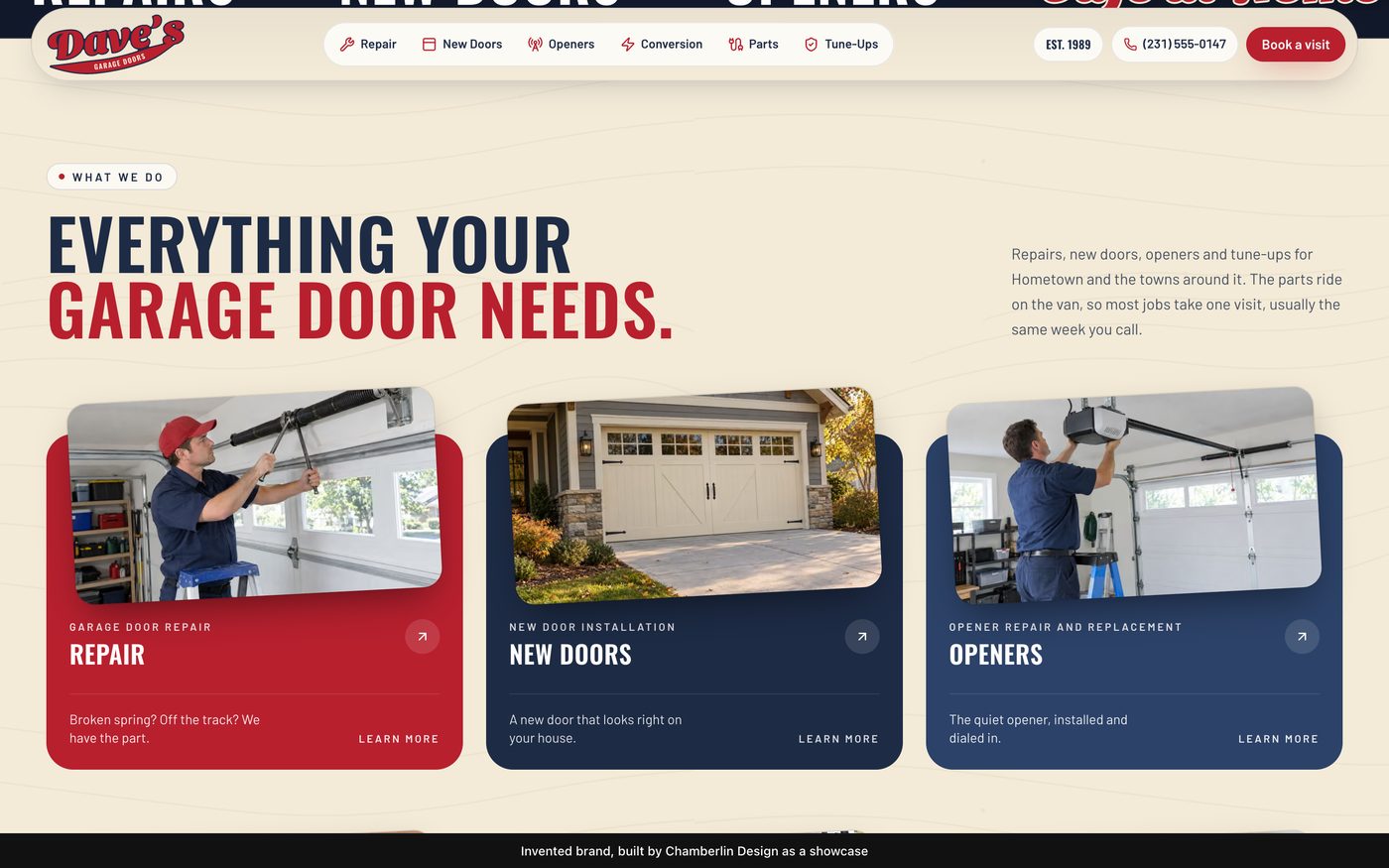 Service cards for repair, new doors and openers under the line: Everything your garage door needs
