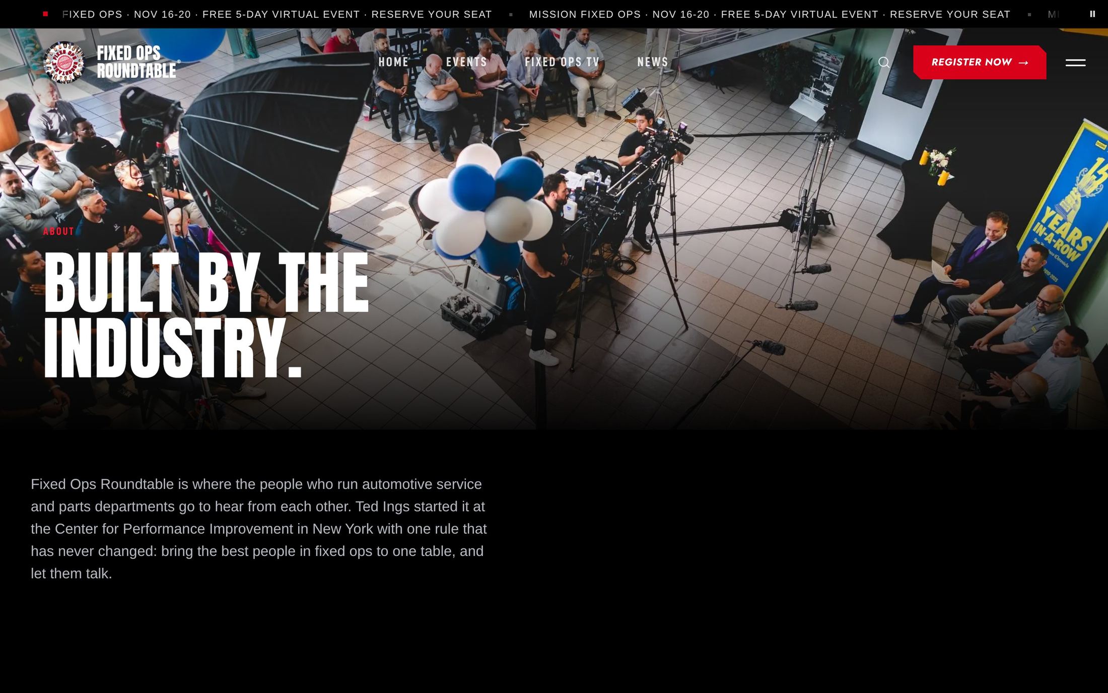 The About page: Built by the industry, over a photo of a Roundtable broadcast