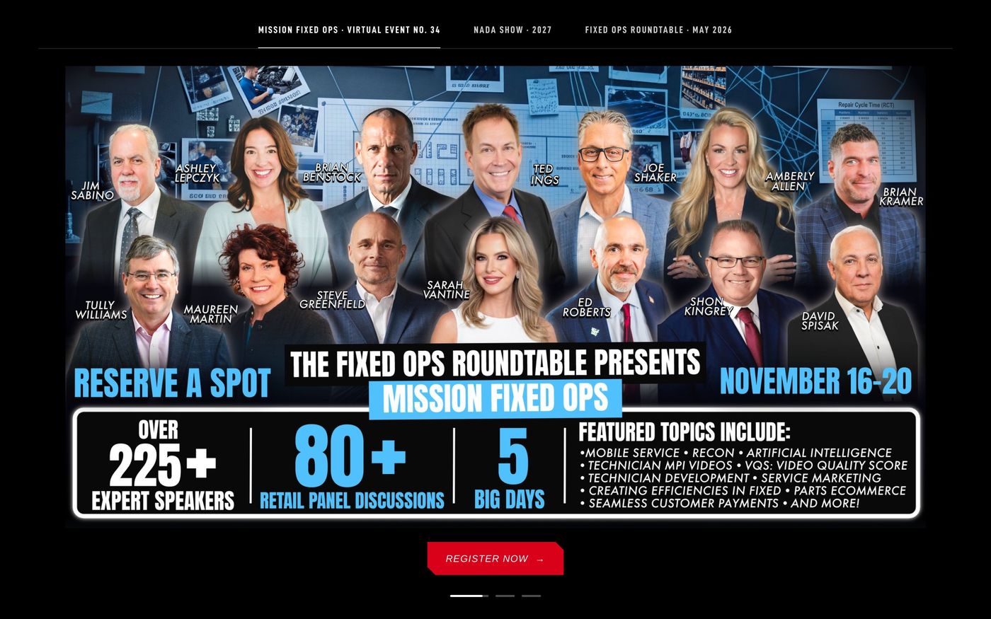 The homepage event carousel with the Mission Fixed Ops poster