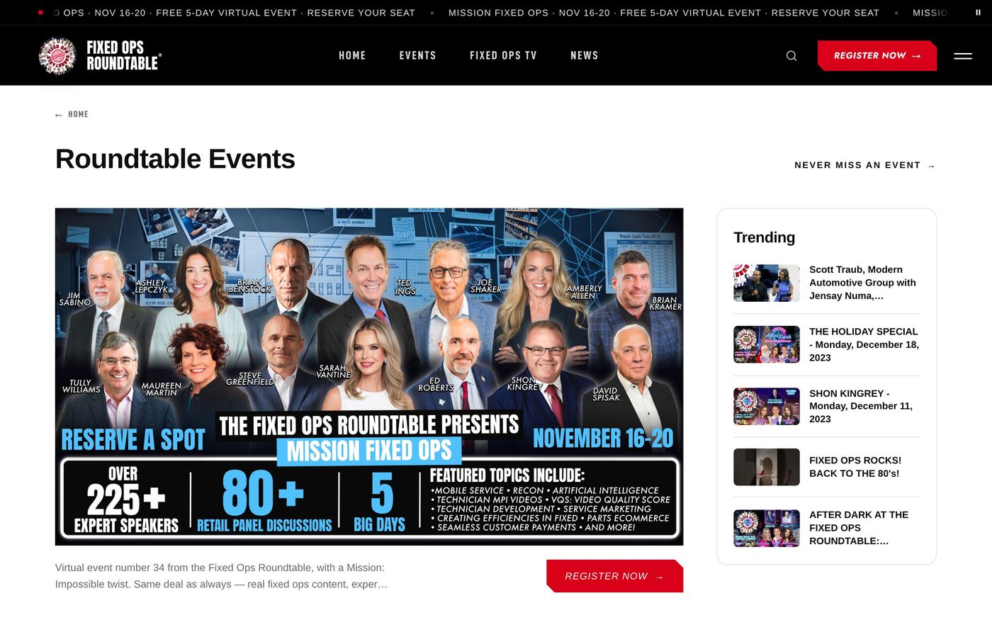 The events page with the lead event and a trending list