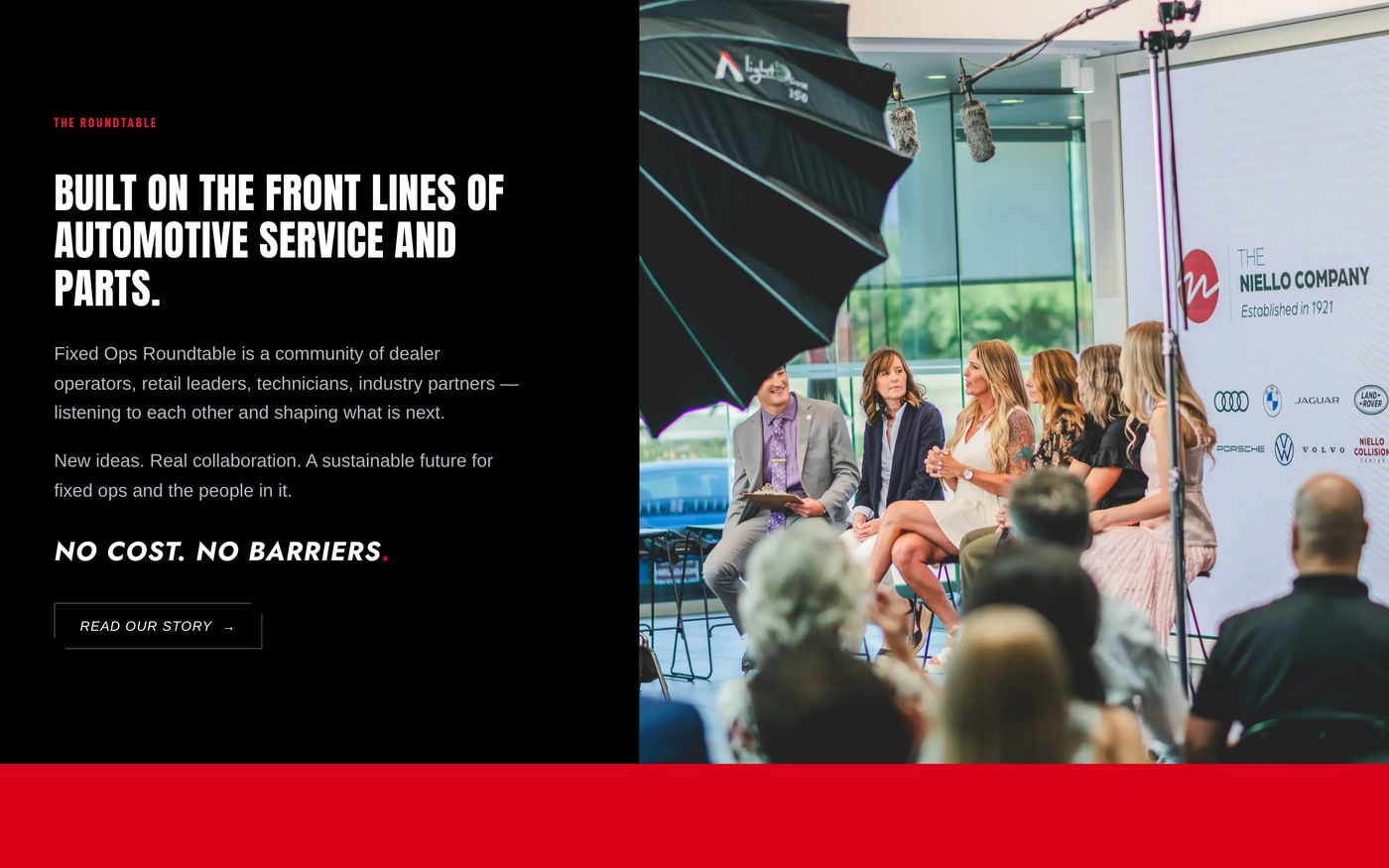 A homepage section about the community, beside an event photo