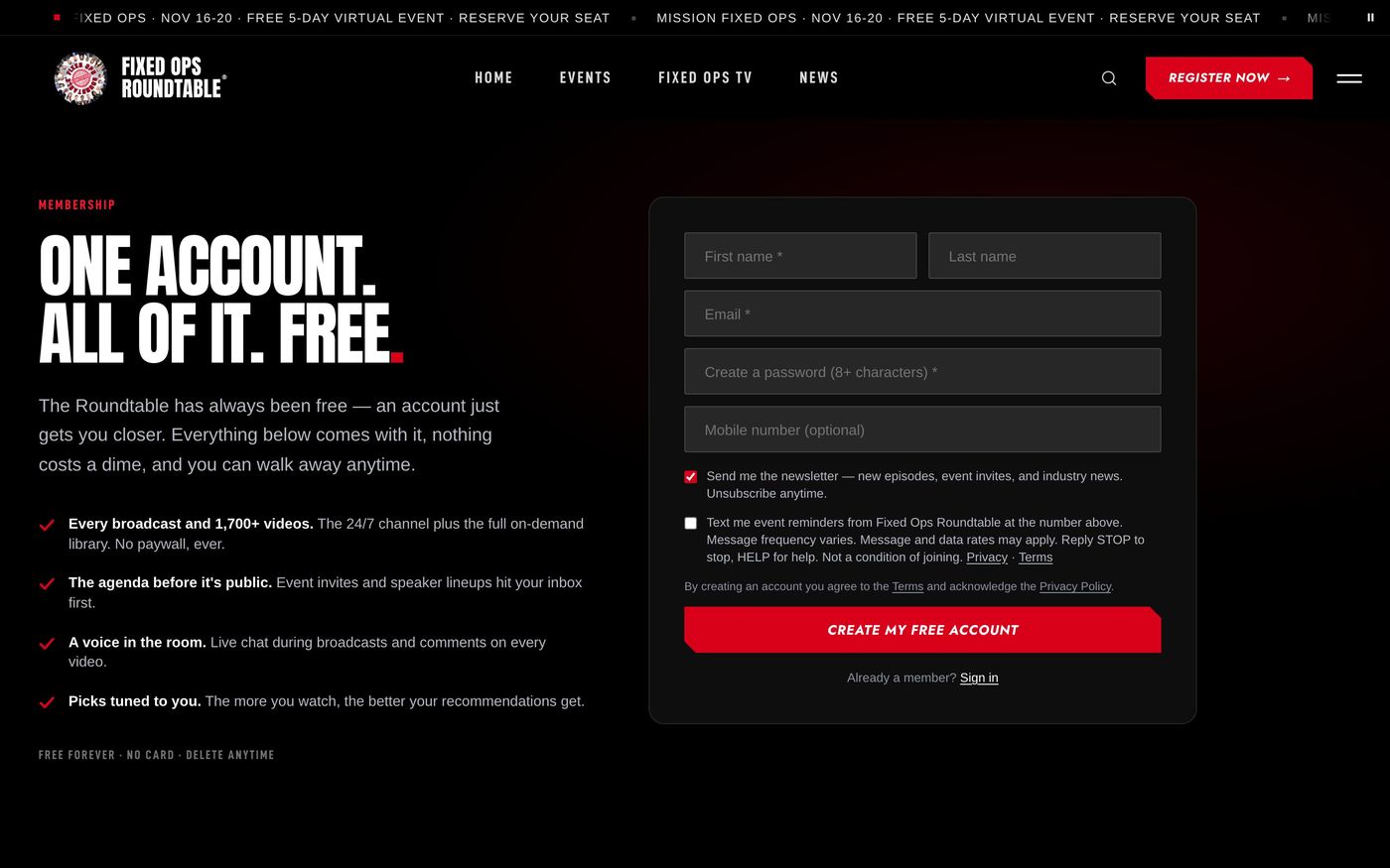 The free member sign-up page