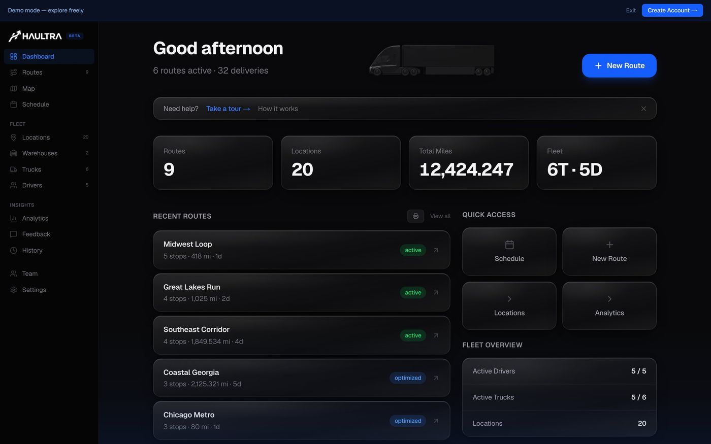The demo dashboard with routes, locations, and fleet overview