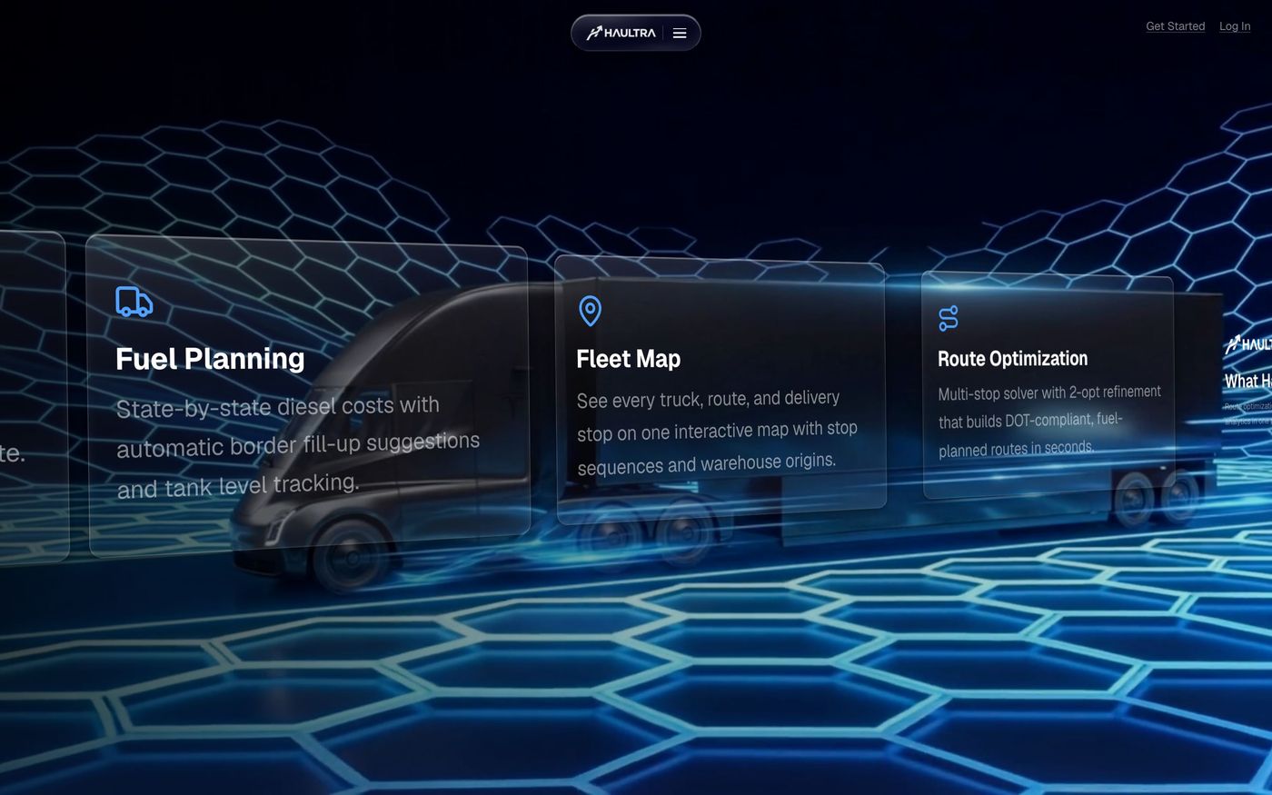 Feature cards for fuel planning, the fleet map, and route optimization over a glowing grid