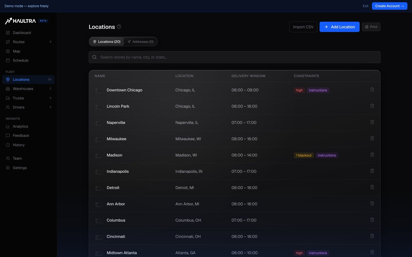 Delivery locations with time windows