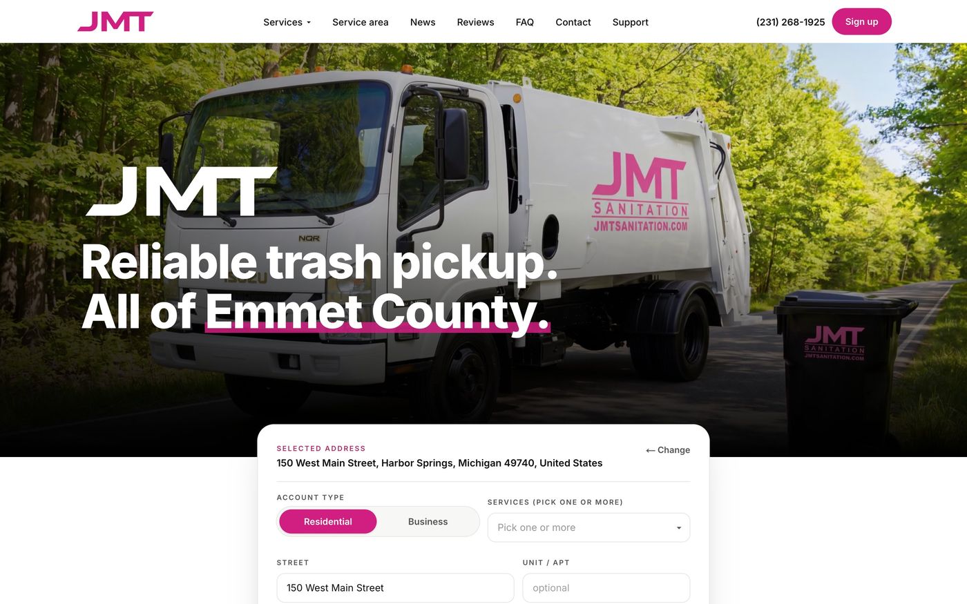 The JMT Sanitation address check result with the sign-up form