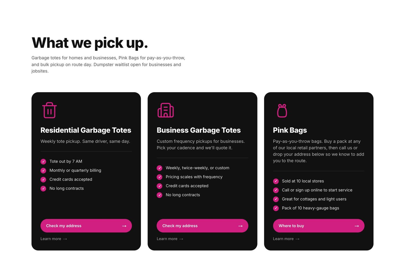 Service cards for residential totes, business totes, and Pink Bags