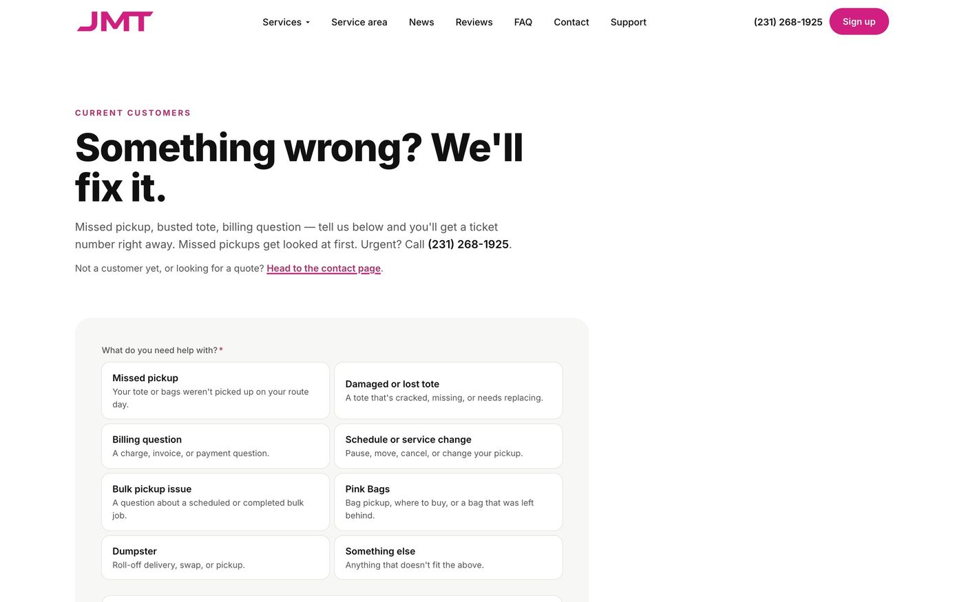 The support page where customers open a ticket