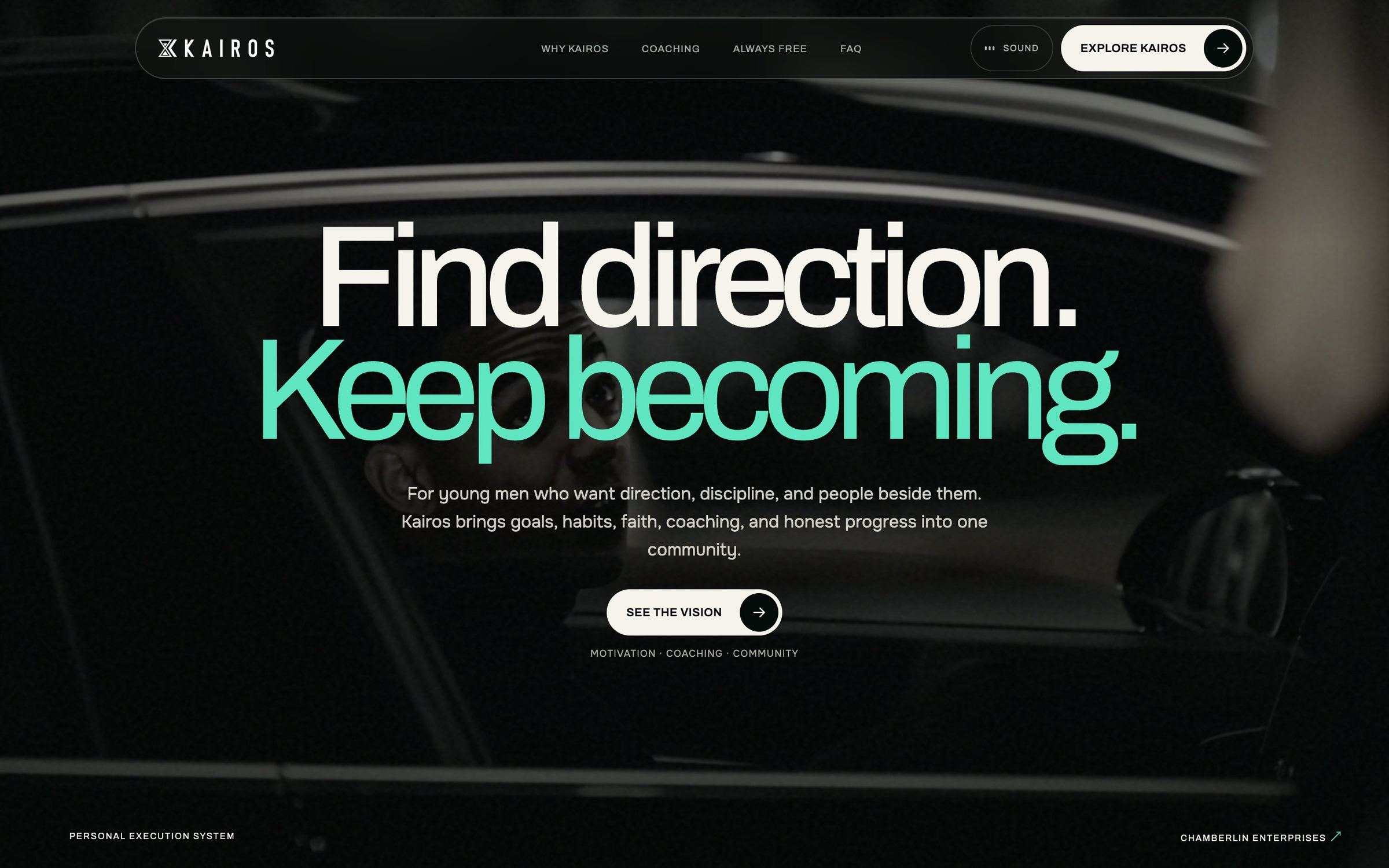 The Kairos homepage: Find direction. Keep becoming., over a photo of a young man at dusk