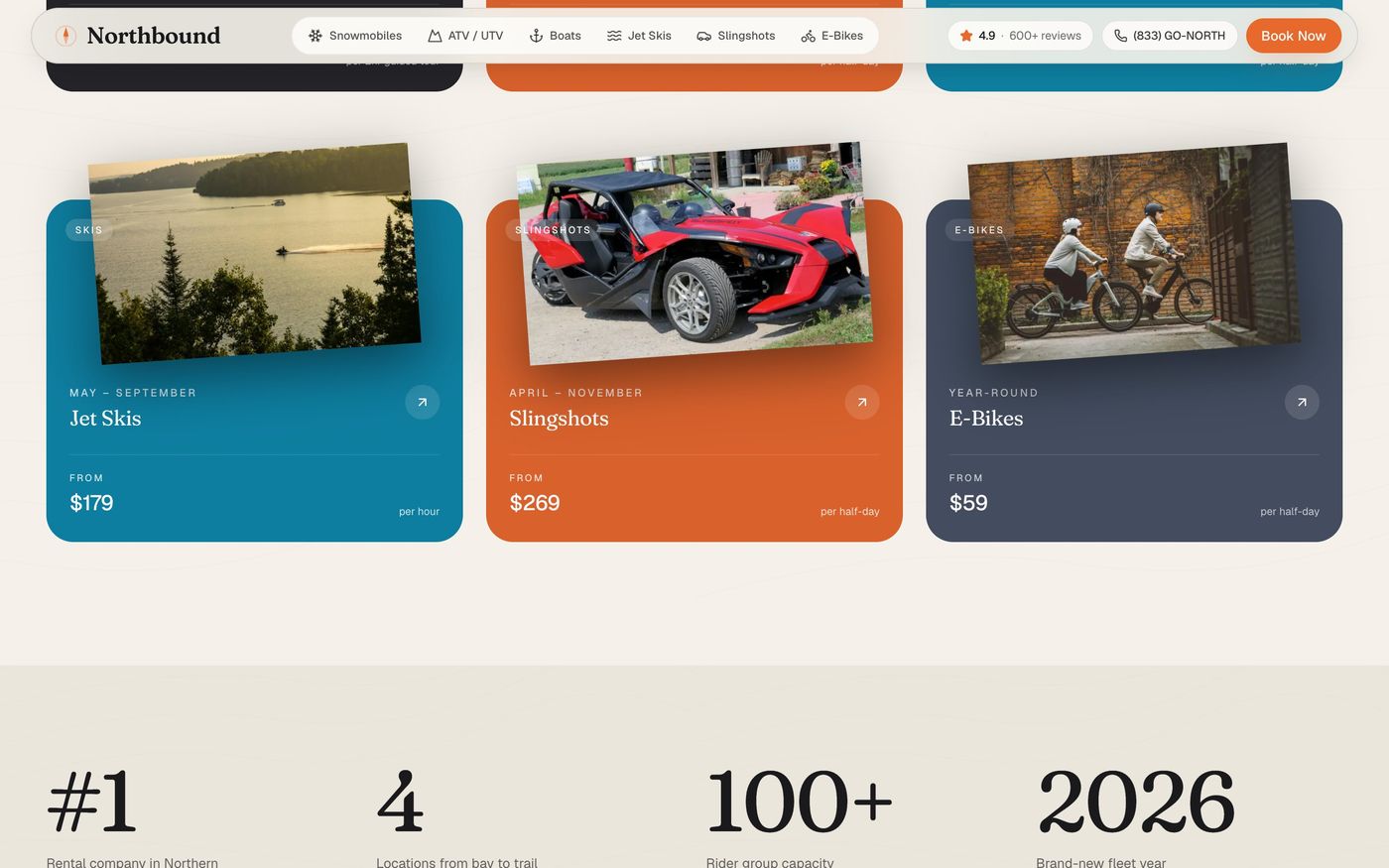 Rental cards with seasons and starting prices, above the brand numbers