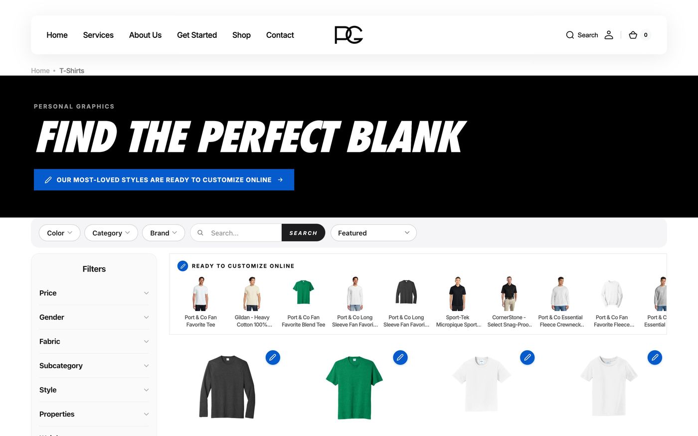The t-shirt catalog with filters and styles ready to customize online