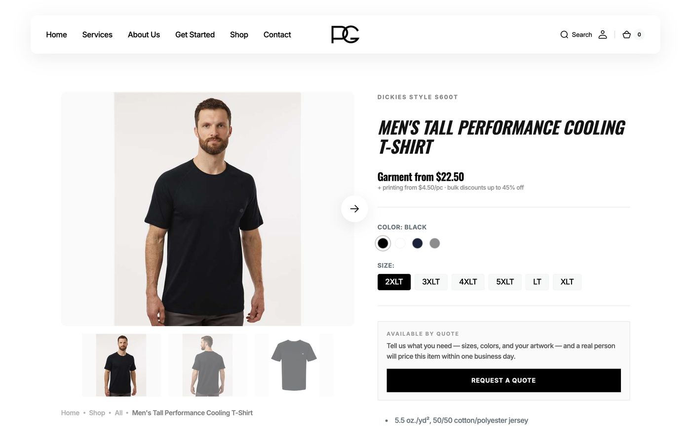 A product page with colors, sizes, and a quote request