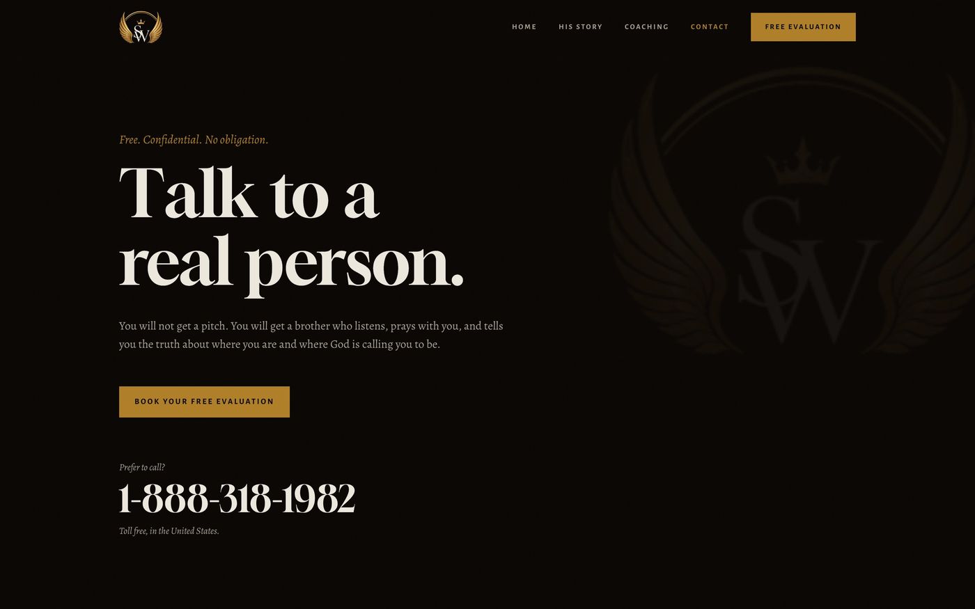 The contact page: Talk to a real person, with the phone number