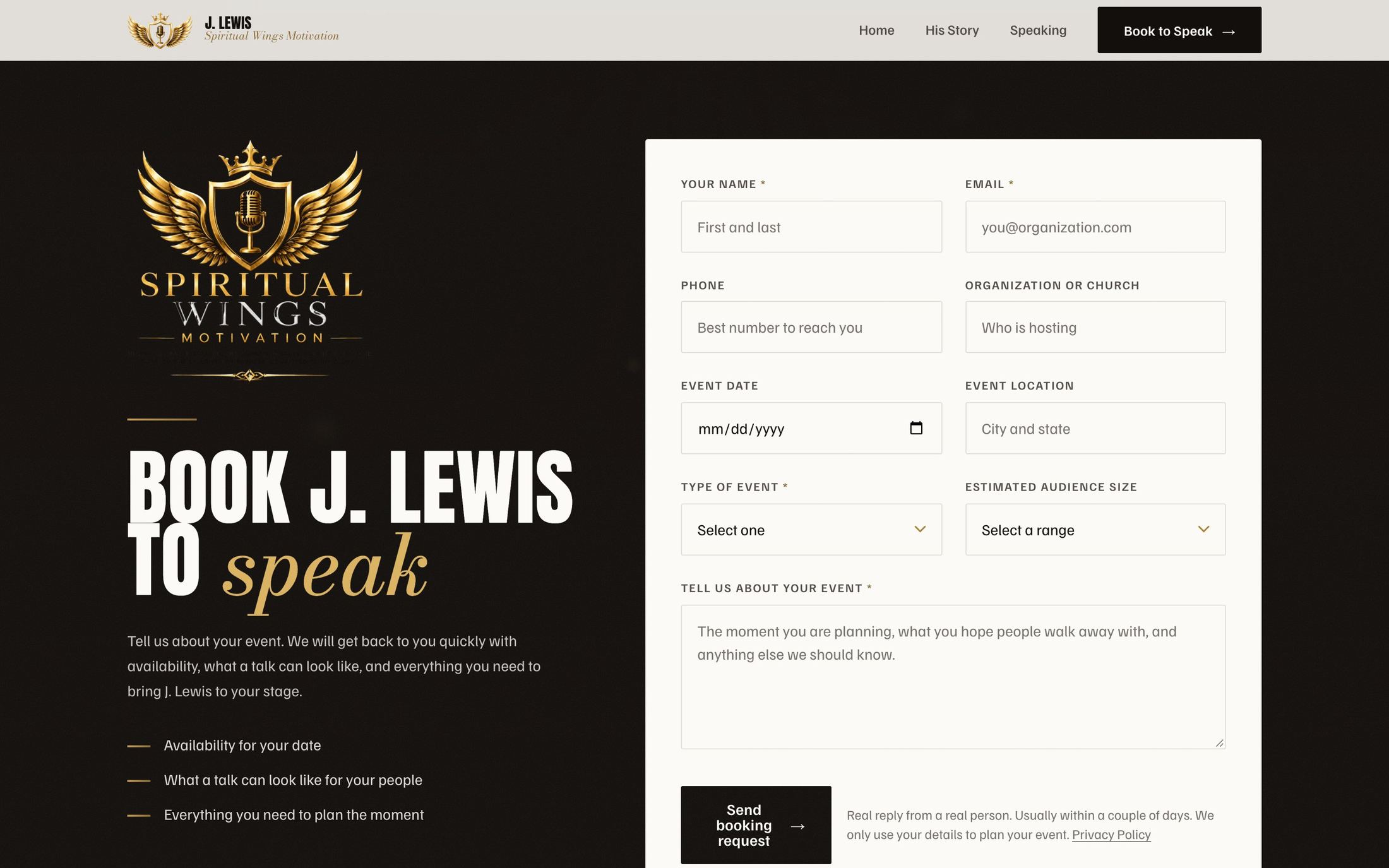 The booking section with the full request form